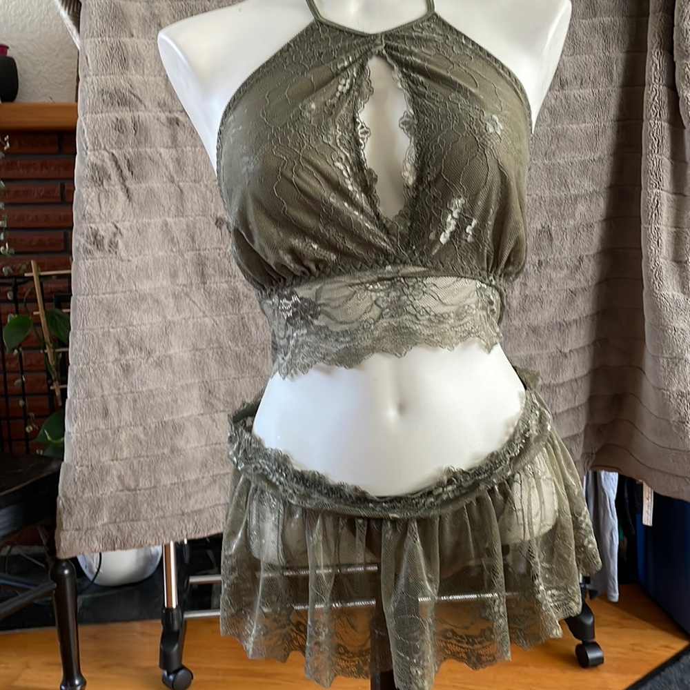 Army Green NWOT Lingerie Set Top And Skirt Bottom